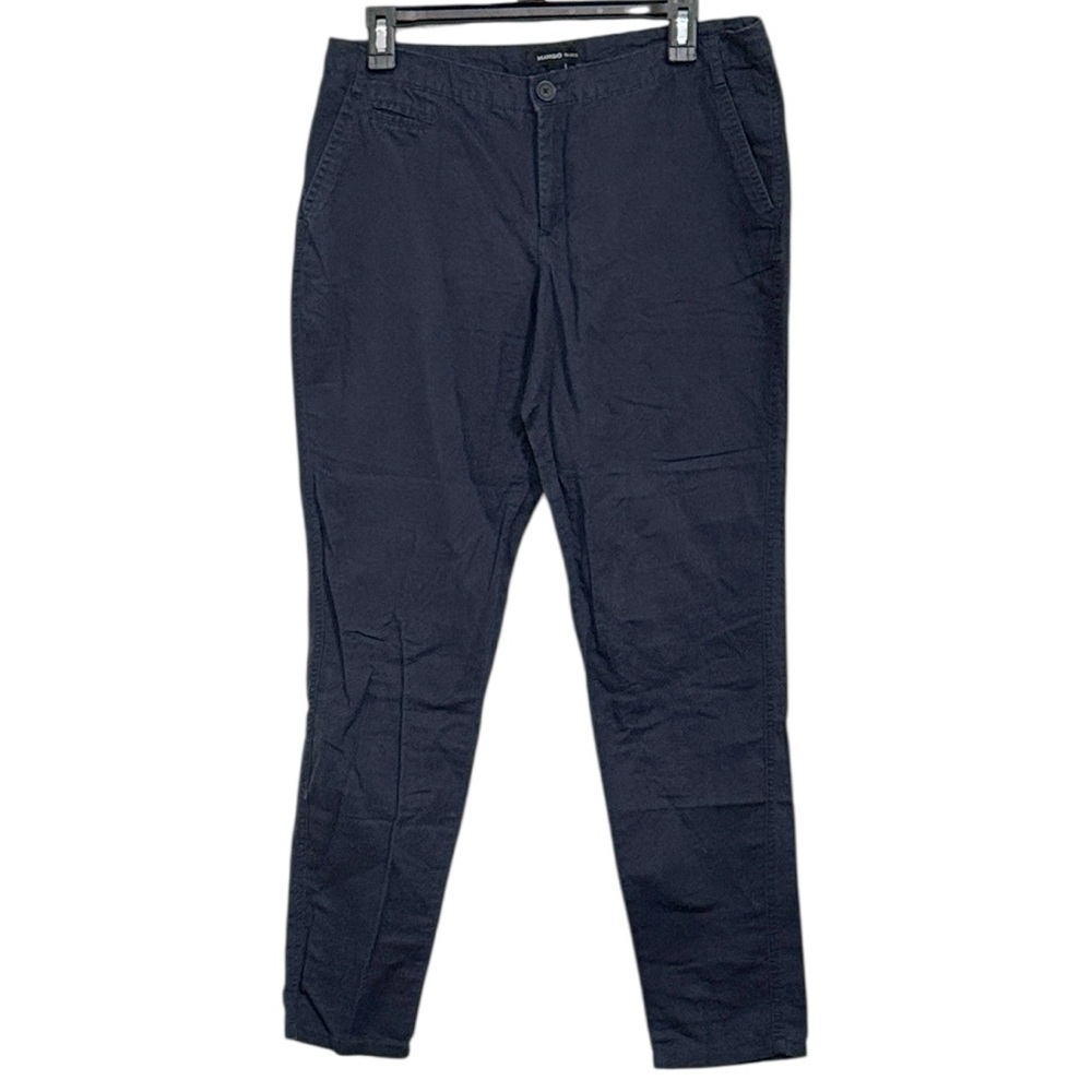 Mango Basic Navy Straight leg Ankle Chino Pants Flat Front Linen Cotton size 6